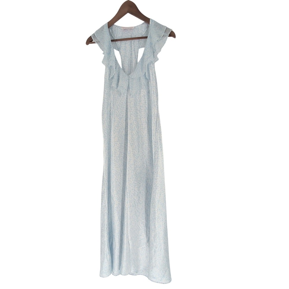 Oscar de la Renta Pink Label Blue Ruffle Racerback Nightgown L Sleepwear Satin